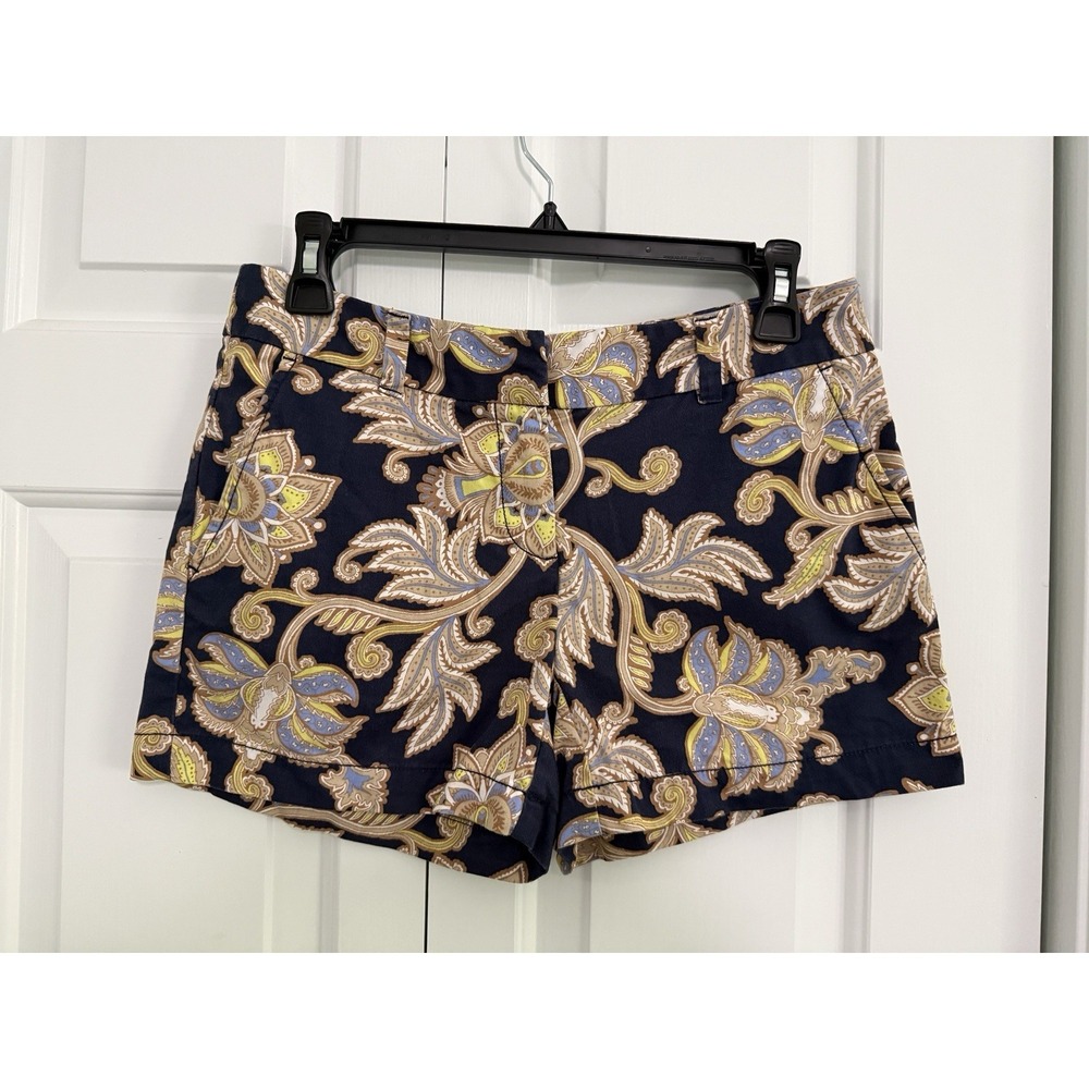LOFT Women's Chino Shorts Paisley Navy/Beige/Yellow Size 00 Cotton Pockets
